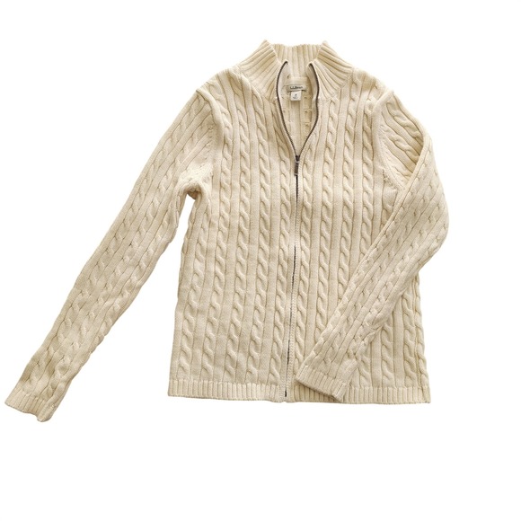 L.L. Bean Sweaters - L.L.Bean Women's Beige Cable-Knit Sweater Full Zip Mock Neck Long Sleeve M